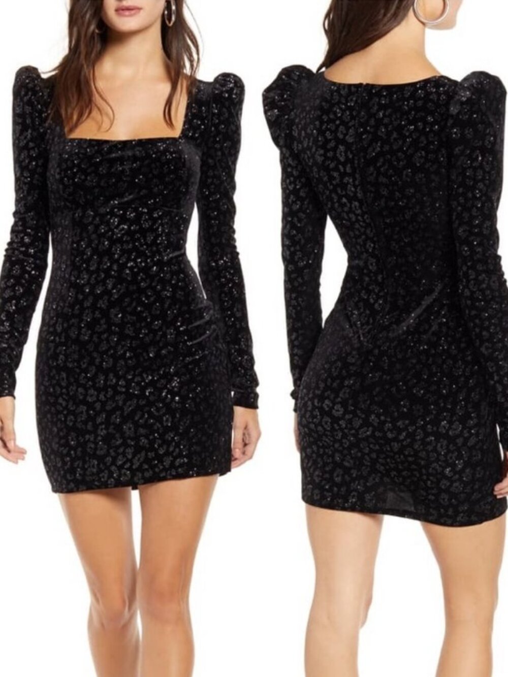 ROWA | Black Velvet Sparkly Animal Print Cocktail Mini Dress Long Sleeve, size M